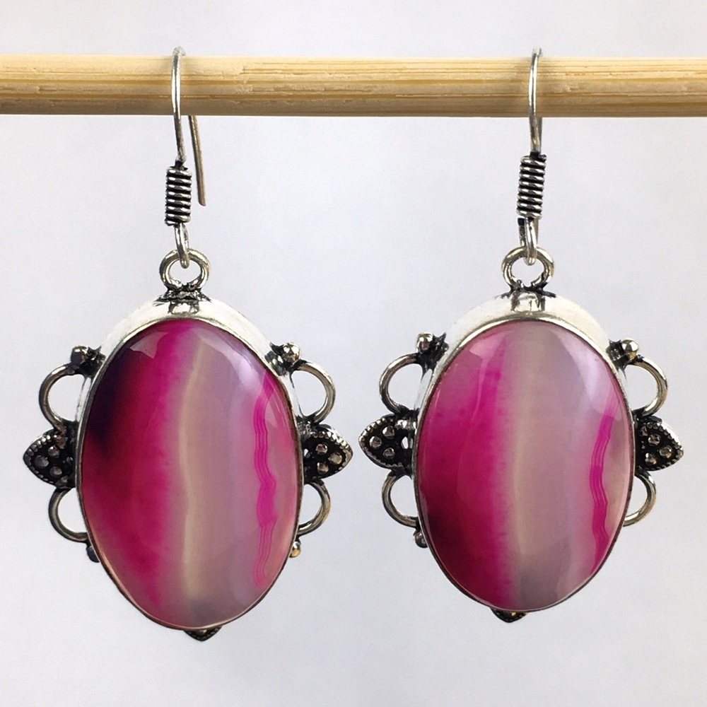 New Pink Botswana Agate Stone Hook Dangle Silver … - image 5